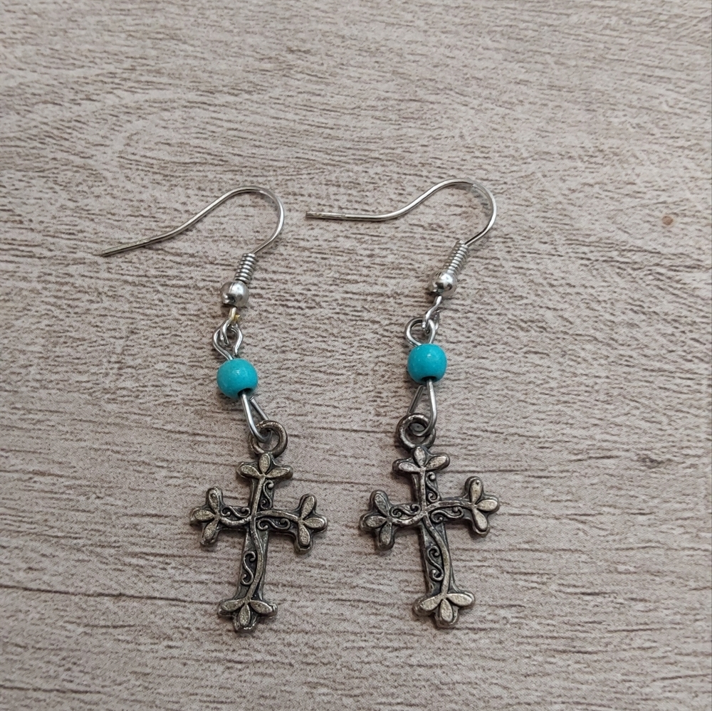 Silver Boho Turquoise Cross Drop Earrings - Picture 1 of 3